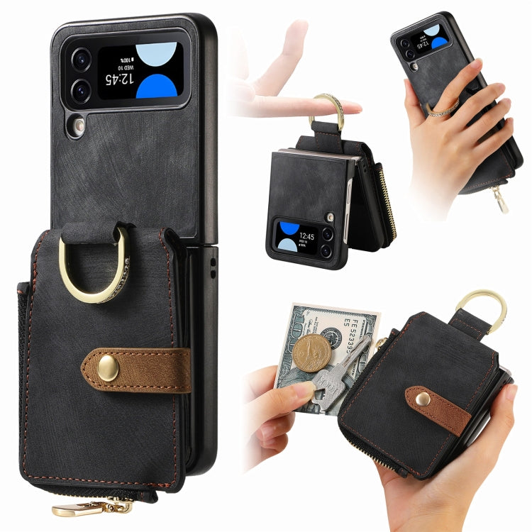 Samsung Galaxy Z Flip4 Retro Skin-feel Ring Zipper Wallet Phone case in stylish design, showcasing its ring function and card holder slots.